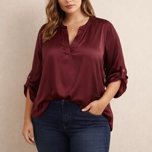 Maurices Satin Burgundy V-Neck 3/4 Length Sleeve Roll-Tab Blouse